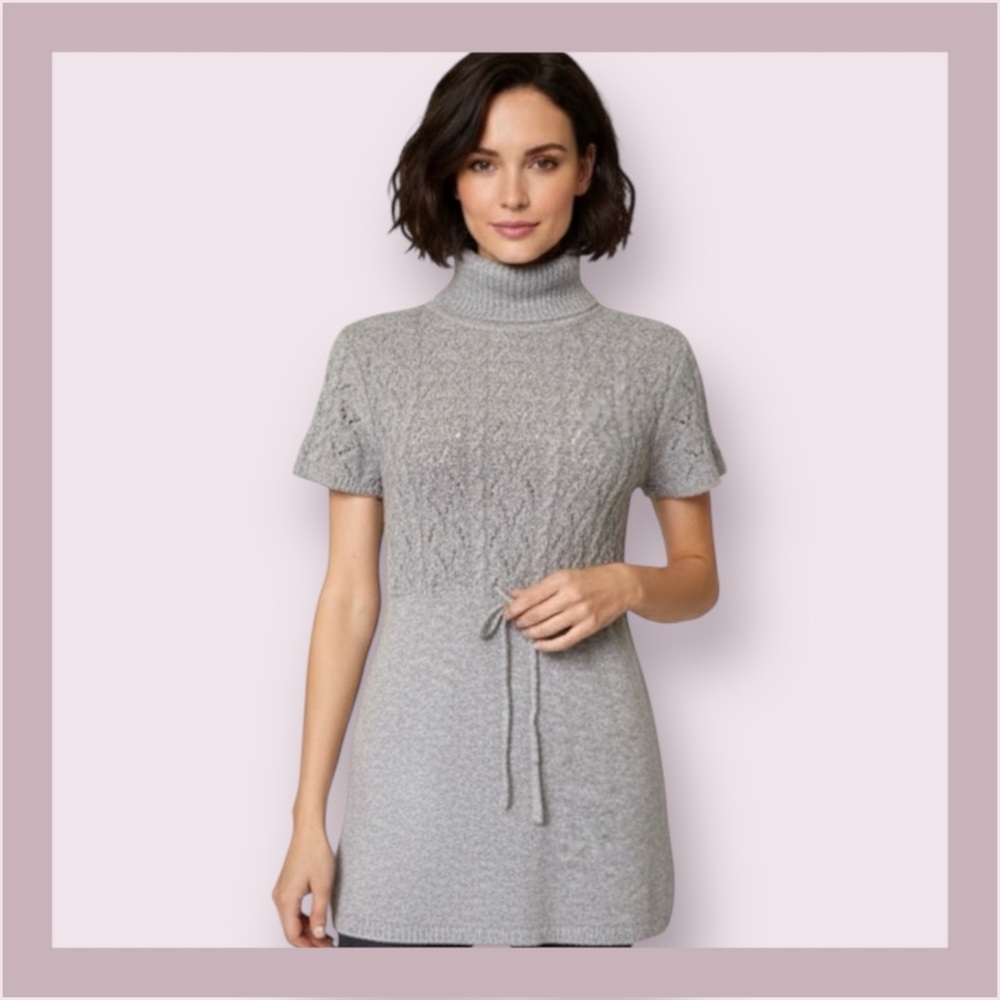 Michael Kors Gray Turtleneck Short Sleeve Drawstring Tunic  Sweater